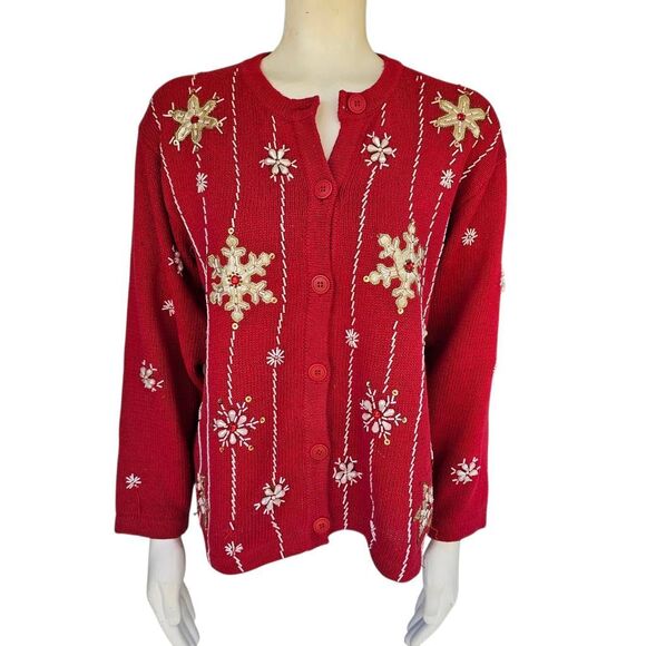 Bobbie Brooks Women’s M Christmas Sweater Cardigan Red Snowflake Beaded Holiday - Picture 1 of 12
